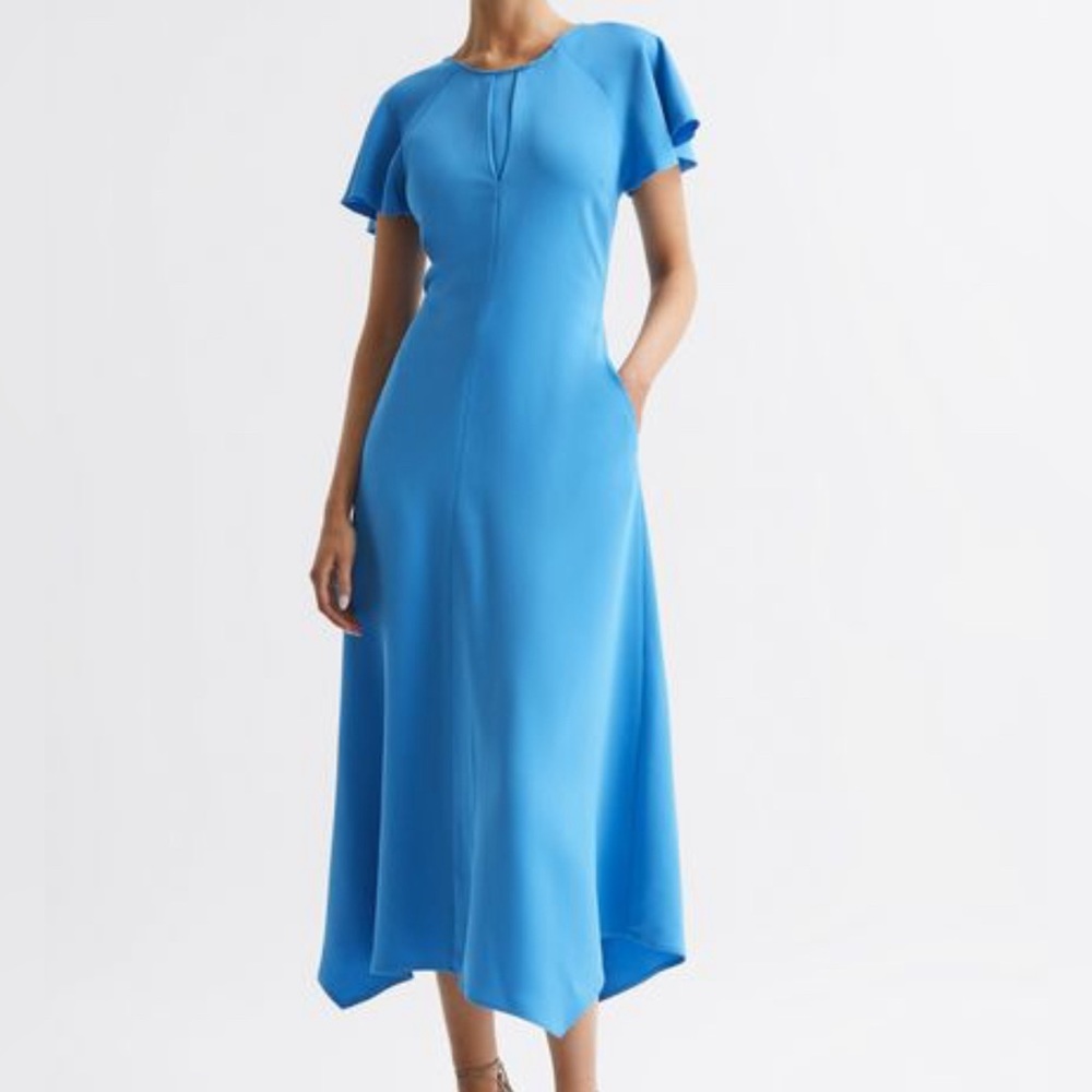 Reiss Blue Elani Midi Dress Capped Sleeves Women UK 12 US 8 NWT Cross Back